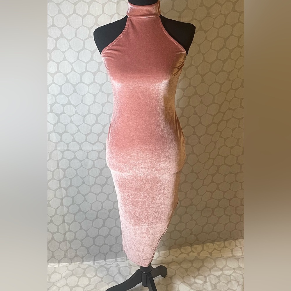Light pink velvet asymmetrical turtle neck dress